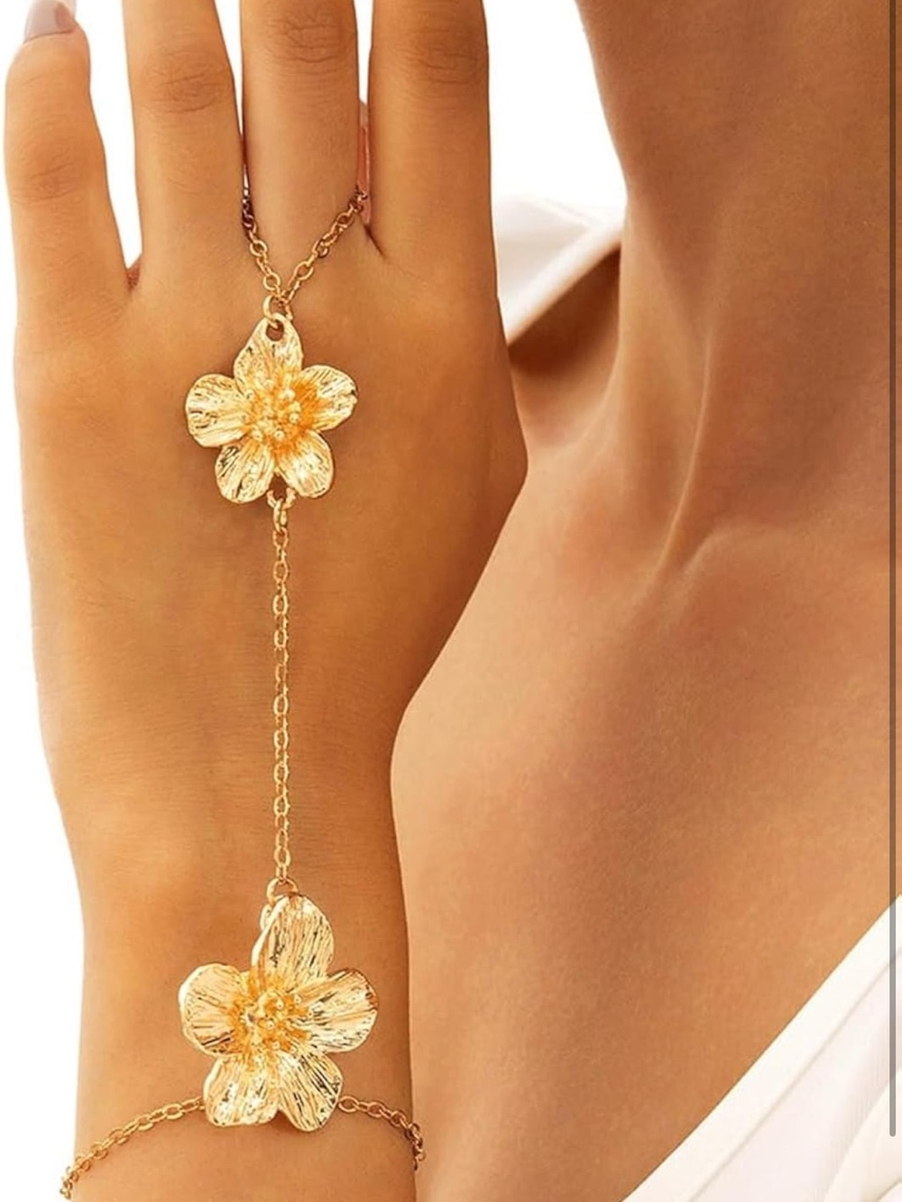 Anthropologie Gold Floral Hand Chain Bracelet
